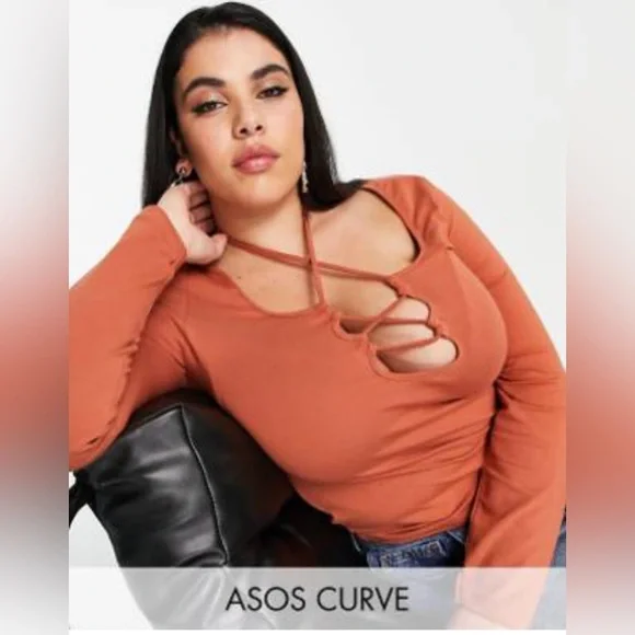 ASOS Design Curve Rust Lace-Tie Front Long Sleeve Top | Size 16 - Picture 7 of 7